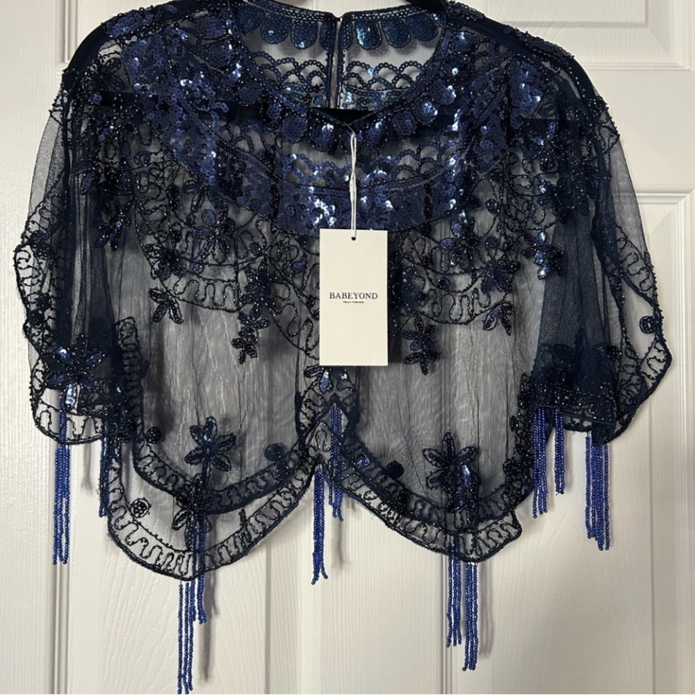 Babeyond Beaded Navy Mesh Capelet with Fringe
